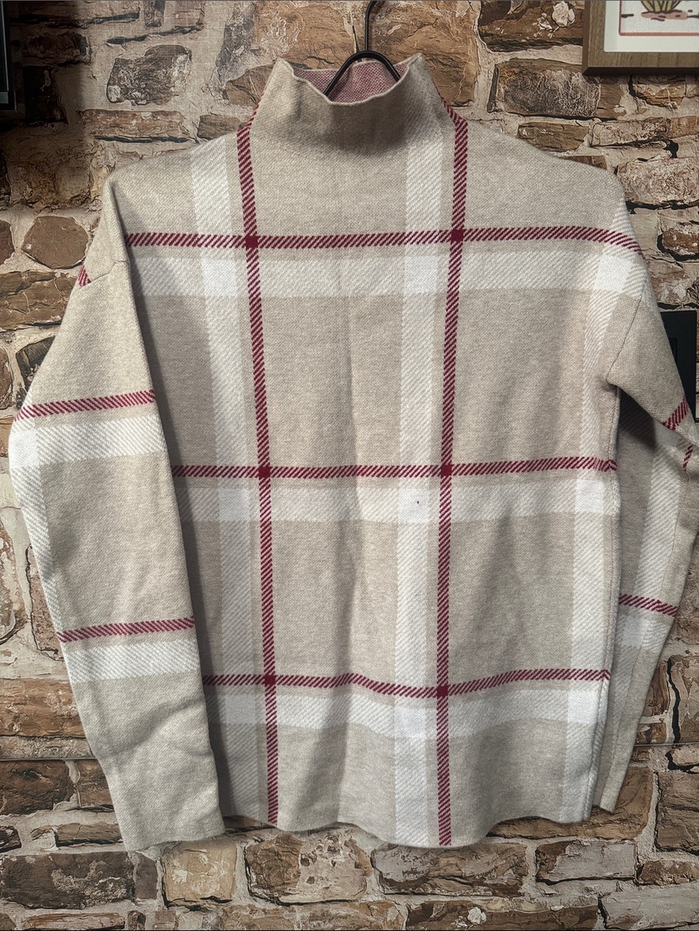 Tahari Beige Plaid Turtleneck Sweater with Red Windowpane